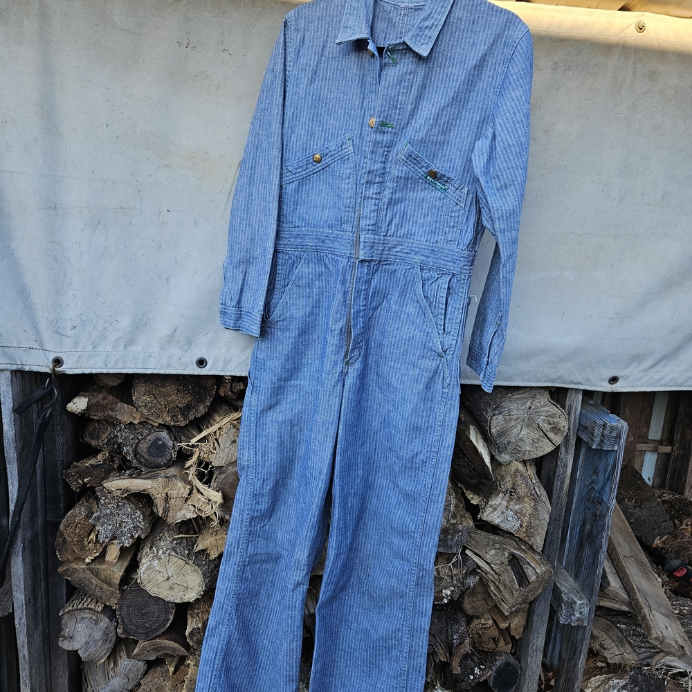 Vintage 1960s Midcentury Unisex DENIM Blue Striped Jumpsuit COVERALLS one-piece